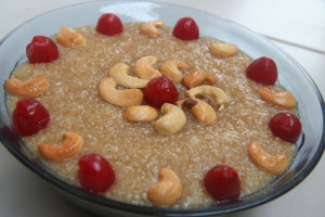 Bread halwa garnished with cashew nuts and cherries