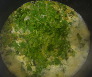 adding chopped cilantro into the water