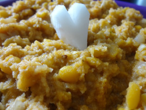 Split Peas-Coconut Curry with heart shaped coconut on top of it!
